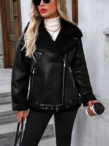 Women's Winter Jacket, Warm Thick Lining Faux Leather Jacket - Black - View 7
