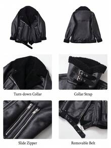 Women's Winter Jacket, Warm Thick Lining Faux Leather Jacket - Black - View 5