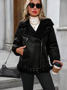 Women's Winter Jacket, Warm Thick Lining Faux Leather Jacket - Black - View 4