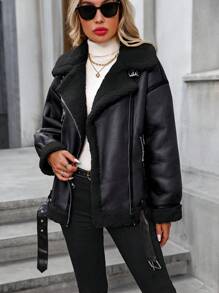 Women's Winter Jacket, Warm Thick Lining Faux Leather Jacket - Black - View 2