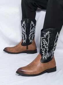 Stivali da uomo, stivali western cowboy alti con cerniera laterale e ricamo, stivali alti retrò con patchwork marrone, stivali Chelsea