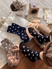 6 Pairs Women Polka Dot Pattern Mid-Calf Socks In Neutral Tones, Simple And Fashionable, Warm And Comfortable For Autumn/Winter Daily Wear - Multicolor - View 2