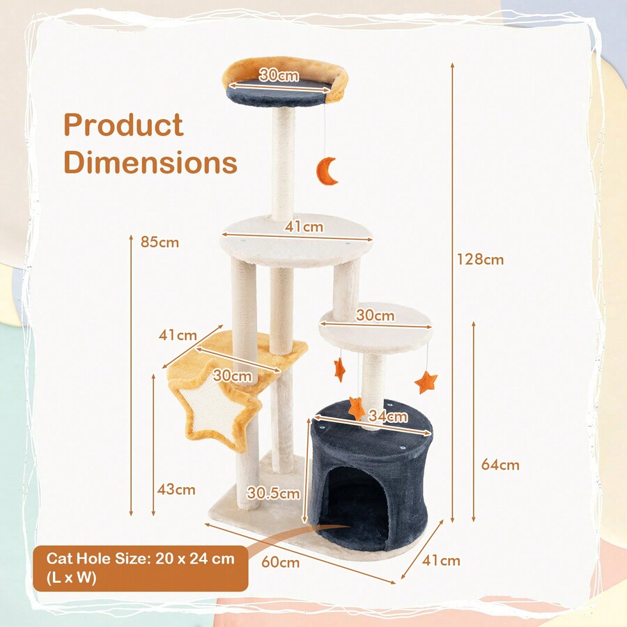 Cat Tree, 128cm MultiLevel Cat Tower With Scratching Posts, Star And
