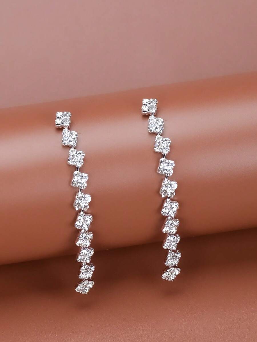 Mujer 2 piezas Pendientes simple con elegante largo cuadrado diamante completo para novia - Plateado - Ver 1
