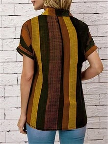 Women's Front Button Striped Print Short Sleeve Shirt, Casual Daily Wear Summer - Yellow - View 2