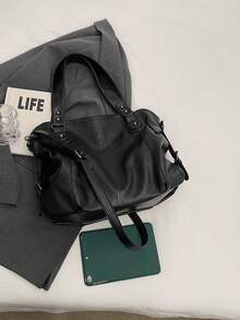 New Fashion Black Soft Leather Women Tote Bag Casual Vintage Rivet One Shoulder Handbag Zipper Closure Crossbody Bag Large Capacity For Daily Use, Commuting, Shopping - Black - View 6
