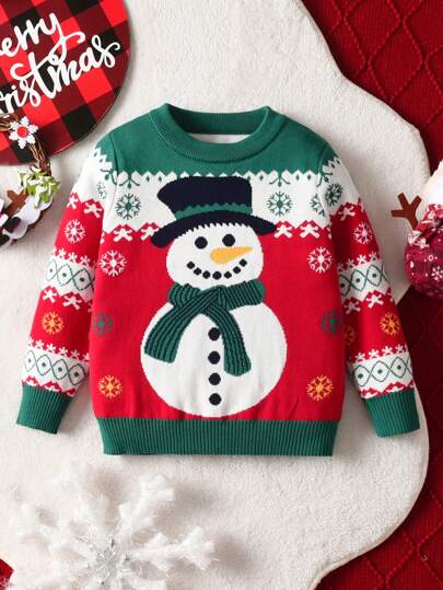 Jersey de niño pequeño con diseño de bloques de color, muñeco de nieve y patrón geométrico navideño
