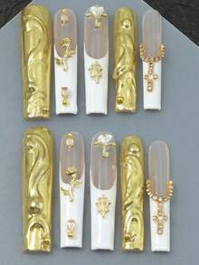 10 件手工假指甲按压指甲长棺材指甲金色指甲丙烯酸指甲套装 3D 花朵水钻闪光假日指甲蝴蝶结饰品指甲法式尖头指甲设计美甲适合音乐节派对和日常佩戴 DIY 圣诞指甲万圣节指甲婚礼指甲 - 彩色 - 查看 5