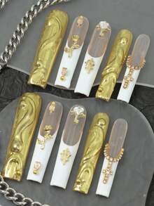 10 件手工假指甲按压指甲长棺材指甲金色指甲丙烯酸指甲套装 3D 花朵水钻闪光假日指甲蝴蝶结饰品指甲法式尖头指甲设计美甲适合音乐节派对和日常佩戴 DIY 圣诞指甲万圣节指甲婚礼指甲 - 彩色 - 查看 3