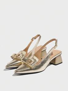 女士金属装饰金色尖头露跟高跟鞋，蛇皮纹理粗跟优雅迷人纯色高跟鞋，舒适适合户外穿着、购物、派对、正式活动、万圣节、圣诞节，金色 PU - 金色 - 查看 15