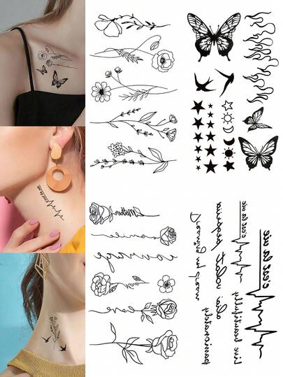 STARTTOOS 4pcs Minimalist Butterfly, Floral, Flame, Star & Moon Elemental Line Art Y2K Finger Tattoo Stickers, Suitable For Fingers, Ears, Shoulders, Neck, Collarbones, Waterproof Realistic Temporary Tattoos For DIY, Anime Festival, Carnival, Music Festival, Valentine's Day, Party Gifts