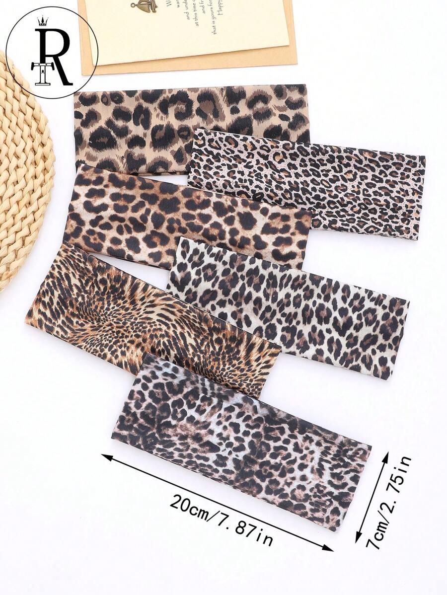 6 Stücke/Set Leopard Muster Stirnband, elastisches Haarband, Workout Yoga Schweißband, lässig eleganter Bohemien-Stil, aus Polyester gefertigt, geeignet für alle Jahreszeiten Turban Stirnband, Haarband Herbst Winter Haaraccessoires für Frauen für Urlaubsoutfits, eleganter Schal für Frauen, Bandanas, weiche Kopfbedeckung, Sommer Boho Urlaubsaccessoires - Verschiedenfarbig - Übersicht 1