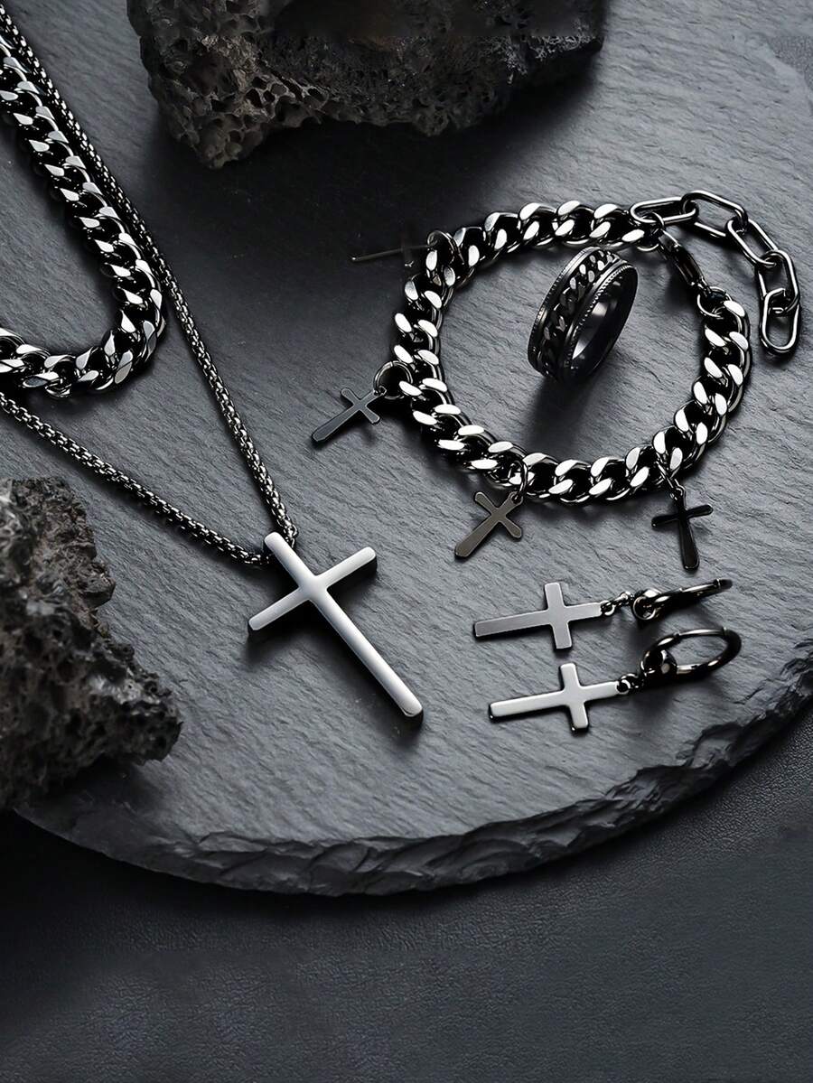 Bộ trang sức bằng thép không gỉ, Thiết kế chữ thập hợp thời trang, Phụ kiện nam độc đáo, Trang phục hàng ngày thời trang Unisex, Quà tặng sang trọng - màu đen - Xem 1