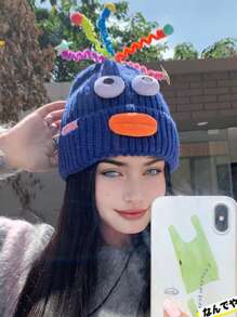 1 件女式卡通大嘴针织帽，冬季温暖蓬松厚耳罩绒球帽，休闲优雅复古街头时尚百搭滑雪户外适合外出、购物、滑雪、旅行、派对、日常使用