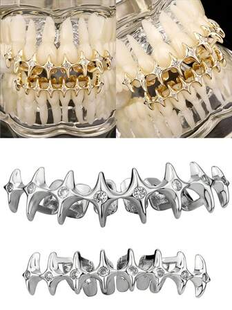 AINTTBY 1 件/2 件多功能嘻哈 18K 镀金星星闪亮牙齿烤架烤架派对和万圣节金牙说唱配件