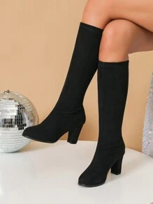 Women High Heel Platform Thick Bottom Equestrian Tall Boots With Zipper Back, Slim Fit Mid Heel Black Stretch Slim Boots , Go With Sweatpants - Black - View 1