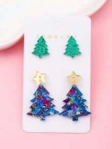 3 对圣诞耳钉格子豹纹圣诞树印花耳环亚克力耳环秋冬新款适合节日佩戴，也是最佳礼物 - 彩色 - 查看 11