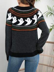 Cárdigan de punto de cuello redondo con botones con estampado de fantasma y lunares de estilo vintage, prenda de abrigo para el otoño e invierno