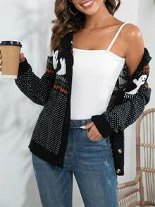 Cárdigan de punto de cuello redondo con botones con estampado de fantasma y lunares de estilo vintage, prenda de abrigo para el otoño e invierno