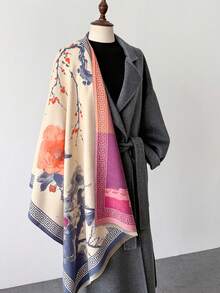 1 件 2024 秋冬新款仿羊绒梅花复古中国水墨画纹理印花双面保暖围巾披肩 - 彩色 - 查看 2