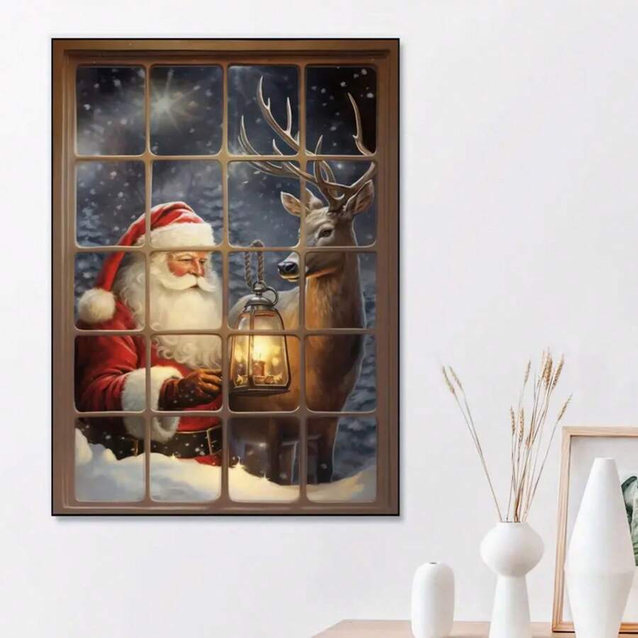 1 件无框帆布墙画，圣诞老人窗景，抽象艺术，极简主义，高端法式北欧复古氛围，客厅，餐厅，卧室，入口，现代装饰，色块设计，手绘 - 彩色 - 查看 1