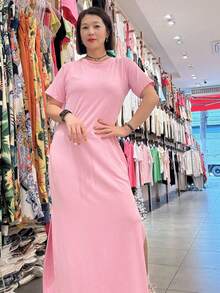 Simple High-End Color Draped Straight Long Ankle-Length Loose Dress European And American Sweet And Fresh Slimming Long Dress For Women - Hồng - Xem 2