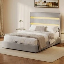 [King/Queen/Full Size +Black /White/Beige ] Upholstered Platform  Hydraulic Storage Bed, Lift Up Storage Bed With RGB LED Light, PU Leather Headboard And Footboard, No Box Spring Needed, White - Xám + Gỗ + Kim loại + Đầy đủ - Xem 4