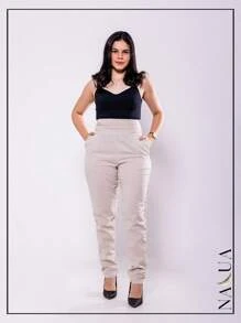 KIT 2 Women's Tailored Trousers, In Linen, With Draped Waistband And Side Cuffs, With Front Pocket - Màu be - Xem 7