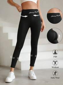 Summer Workout 1pc Fashionable Printed Side Stripe Women Sports Yoga Leggings, High Elastic Fitness Workout Pants, Women Athletic Bottoms - Black - View 3