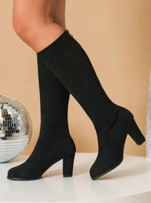 Women High Heel Platform Thick Bottom Equestrian Tall Boots With Zipper Back, Slim Fit Mid Heel Black Stretch Slim Boots , Go With Sweatpants - Black - View 2