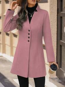 新款女式单排扣纯色夹克，优雅长袖中长款秋冬百搭外套 - 粉色 - 查看 3