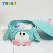 OYHOMO Penguin Shaped Storage Basket Rope Woven Basket With Lid, Organizing Toy Snack Small Tidy Basket Bedroom Gifts Empty Shelves Basket Closet Organizer Dresser Decor Makeup Jewelry Keys Storage Box Container - Green - View 4