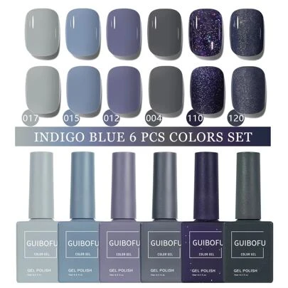 6 pièces Ensemble de vernis à ongles en gel bleu indigo 15 ml Série de 120 couleurs Finition brillante d'automne Vernis semi-permanent avec paillettes et sequins Kit d'ensemble de vernis à ongles à tremper UV pour manucure et design d'ongles Couleur unie Un flacon