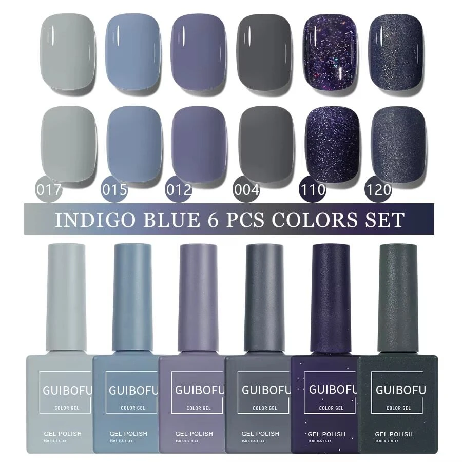 6pcs Set Indigo Blue 15ml Gel Nail Polish Set 120 Color Series Fall Shine Finish Semi Permanent Glitter Sequins Nail Polish Set Kit Soak Off Uv Varnish Nail Art For Manicure Nail Design Solid Color One Bottle - 灰色 - 查看 1