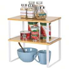 2pcs Cabinet Organizer Rack, Stackable Storage Shelf For Kitchen, Spice Rack, Multifunctional Wooden Desktop Organizer, Expandable Counter Top Rack, Bathroom Cabinet Top Organizer