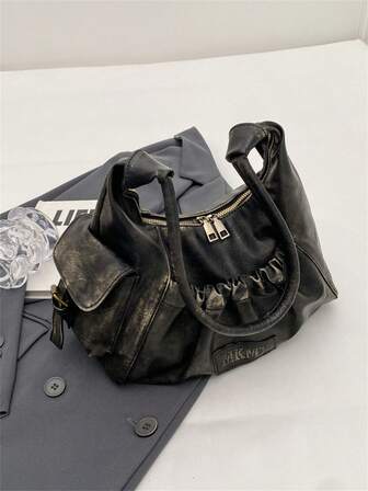 Bolso de mujer versión coreana de unicolor simple, con textura vintage en color negro. Nuevo modelo de moda para otoño e invierno, bolso casual y versátil para commuting y viajes, de gran capacidad y diseño de hombro.