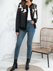 Cárdigan de punto de cuello redondo con botones con estampado de fantasma y lunares de estilo vintage, prenda de abrigo para el otoño e invierno