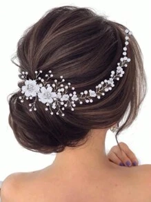 1 chiếc cài tóc thủ công thanh lịch đính hoa pha lê và ngọc trai giả, phụ kiện tóc cưới, phụ kiện ngày Valentine. - Bạc - Xem 1