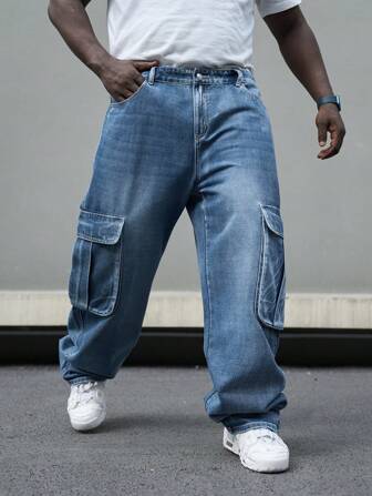 Plus Size Solid Color Pocket Washed Casual Denim Cargo Pants