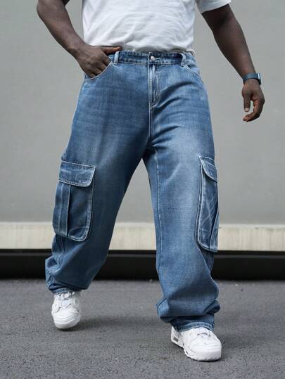 Plus Size Solid Color Pocket Washed Casual Denim Cargo Pants