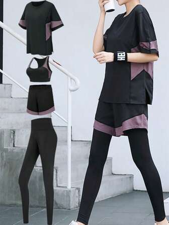 4 件套女士瑜伽运动套装：简约运动胸罩、宽松 T 恤、运动紧身裤、休闲跑步/骑行短裤、健身房健身服