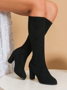 Women High Heel Platform Thick Bottom Equestrian Tall Boots With Zipper Back, Slim Fit Mid Heel Black Stretch Slim Boots , Go With Sweatpants - Black - View 4