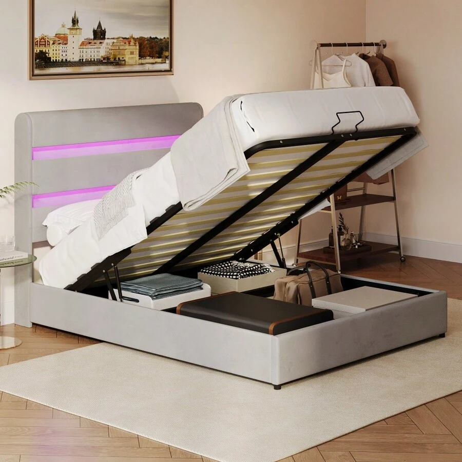 [King/Queen/Full Size +Black /White/Beige ] Upholstered Platform  Hydraulic Storage Bed, Lift Up Storage Bed With RGB LED Light, PU Leather Headboard And Footboard, No Box Spring Needed, White - Xám + Gỗ + Kim loại + Đầy đủ - Xem 1