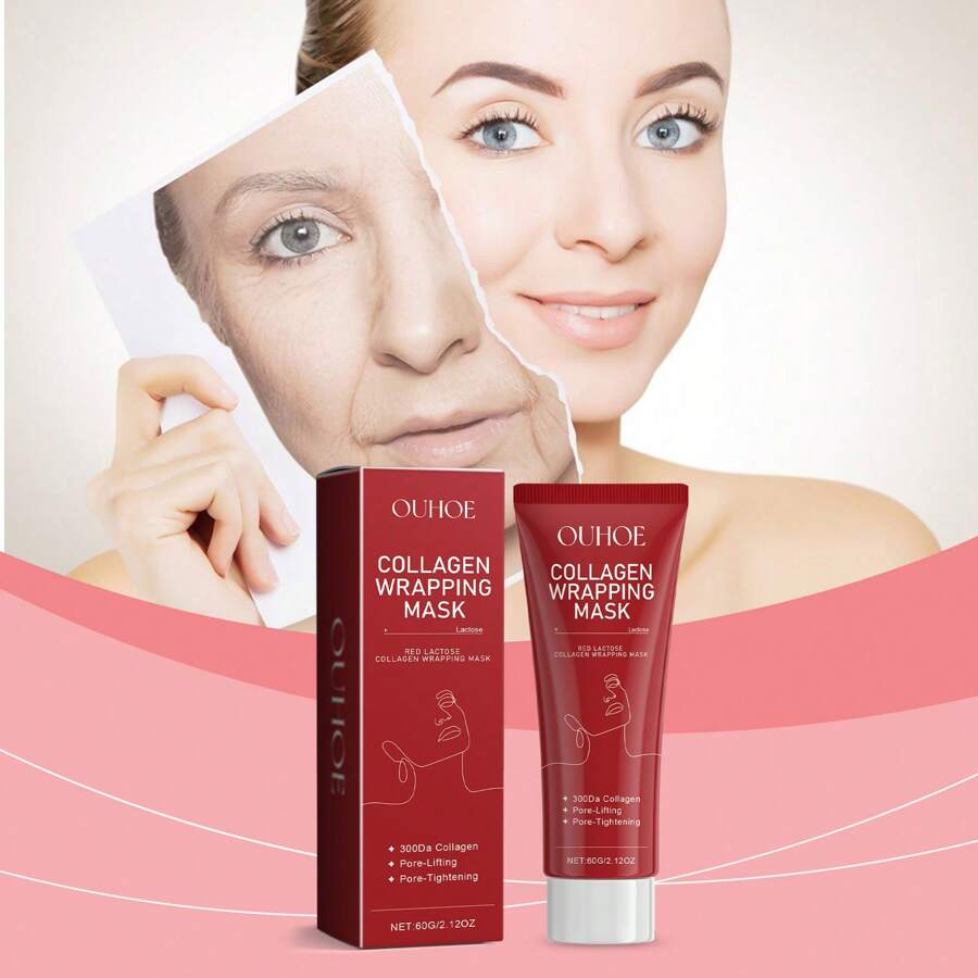OUHOE 胶原蛋白裹敷面膜，60g 胶原蛋白撕拉面膜 - 收敛毛孔和紧致面膜，含有透明质酸、人参和荷荷巴籽油 - 不含酒精、无香 - 适合所有皮肤类型