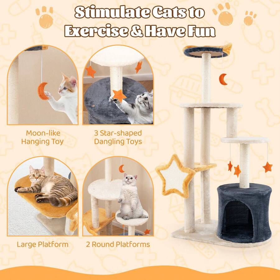 Cat Tree, 128cm MultiLevel Cat Tower With Scratching Posts, Star And