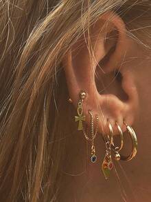 5 件/套十字链和红宝石耳环，复古环形耳环，适合日常佩戴，送给朋友的礼物 - 金色 - 查看 1