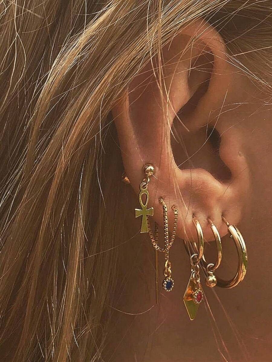 5 件/套十字链和红宝石耳环，复古环形耳环，适合日常佩戴，送给朋友的礼物 - 金色 - 查看 1