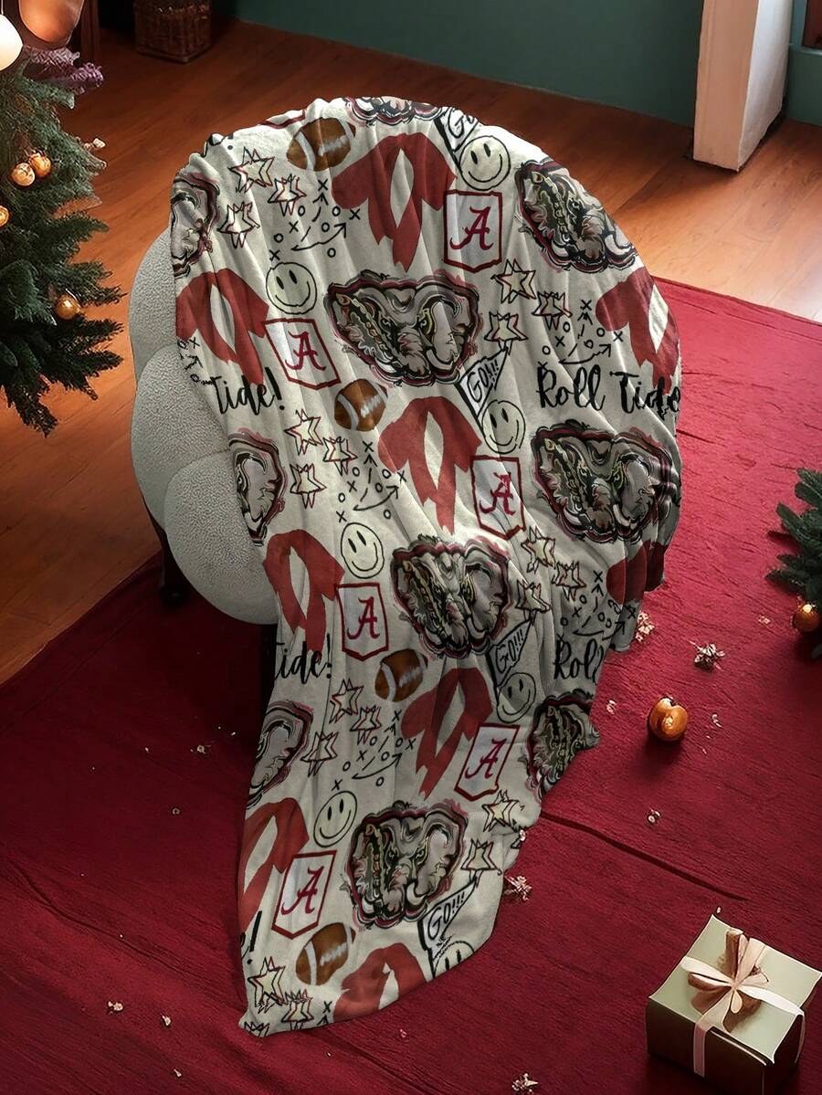 1pc Soft Flannel Elephant, Bow Tie & Football Graphic Throw Blanket