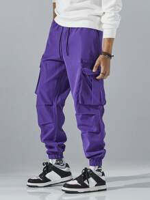 Yemwry Men's Fashionable Casual Multipurpose Drawstring Cargo Pants - Purple - View 2