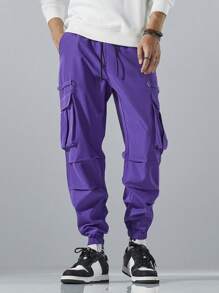 Yemwry Men's Fashionable Casual Multipurpose Drawstring Cargo Pants - Purple - View 7